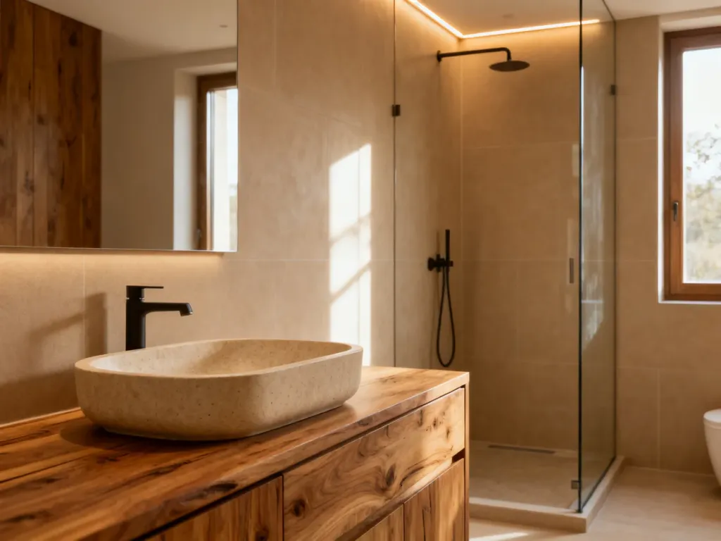 Nowoczesna łazienka w beżach z drewnianą szafką pod umywalkę i nastrojowym oświetleniem LED. Minimalistyczne wnętrze w stylu spa.