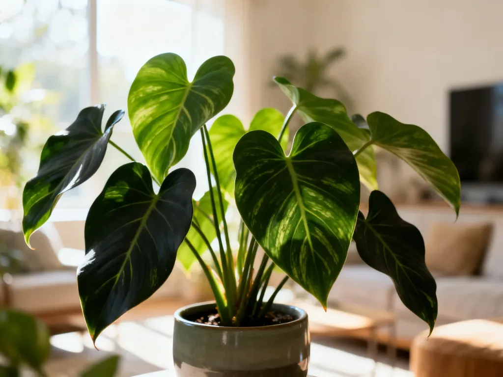 Philodendron spiritus sancti z charakterystycznymi długimi, sercowatymi liśćmi w nowoczesnej doniczce w jasnym salonie.