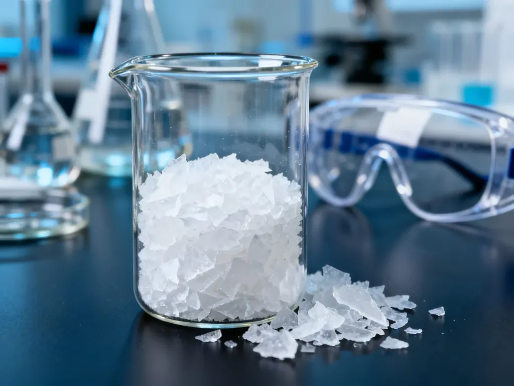 Płatki sody kaustycznej w szklanej zlewce na laboratoryjnym stole, podkreślające chemiczny charakter substancji.