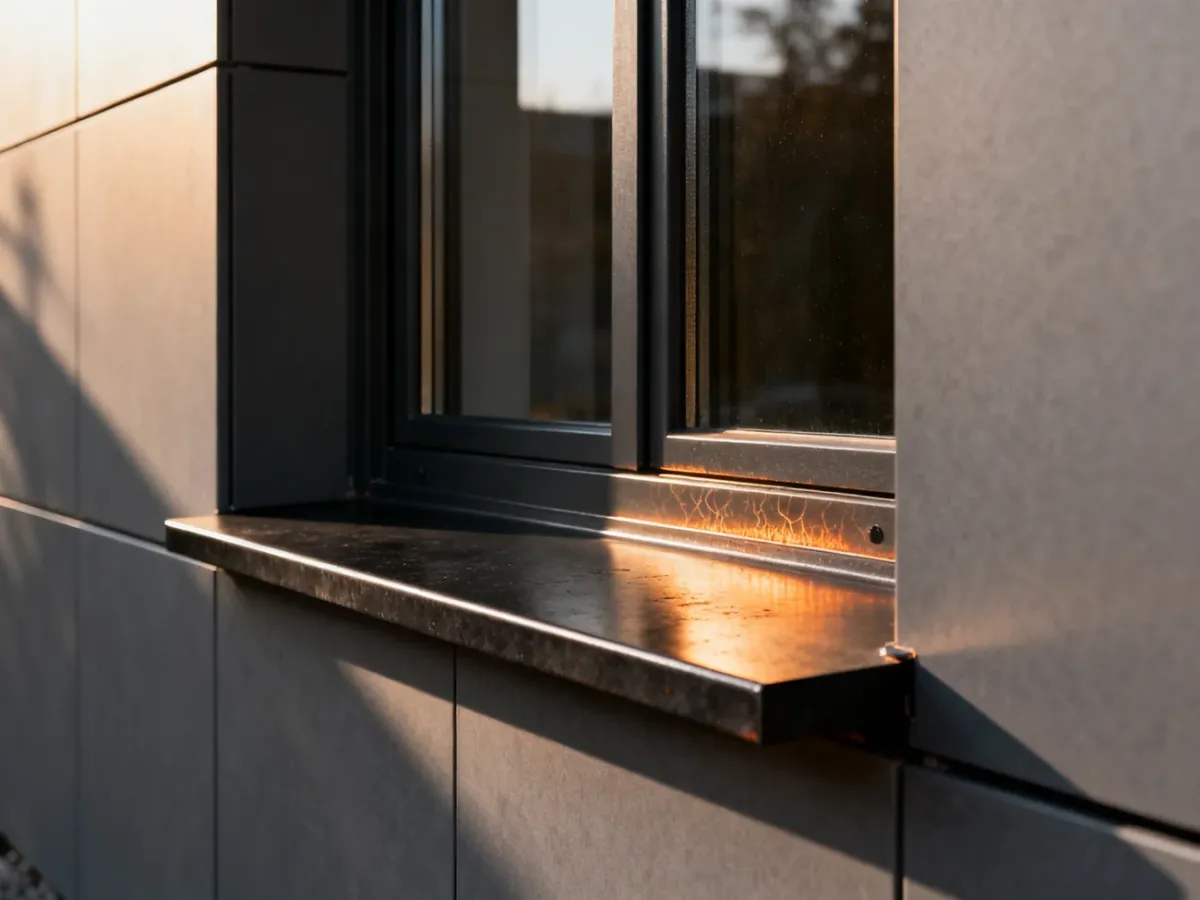Ciemny metalowy parapet przy antracytowym oknie na nasłonecznionej elewacji