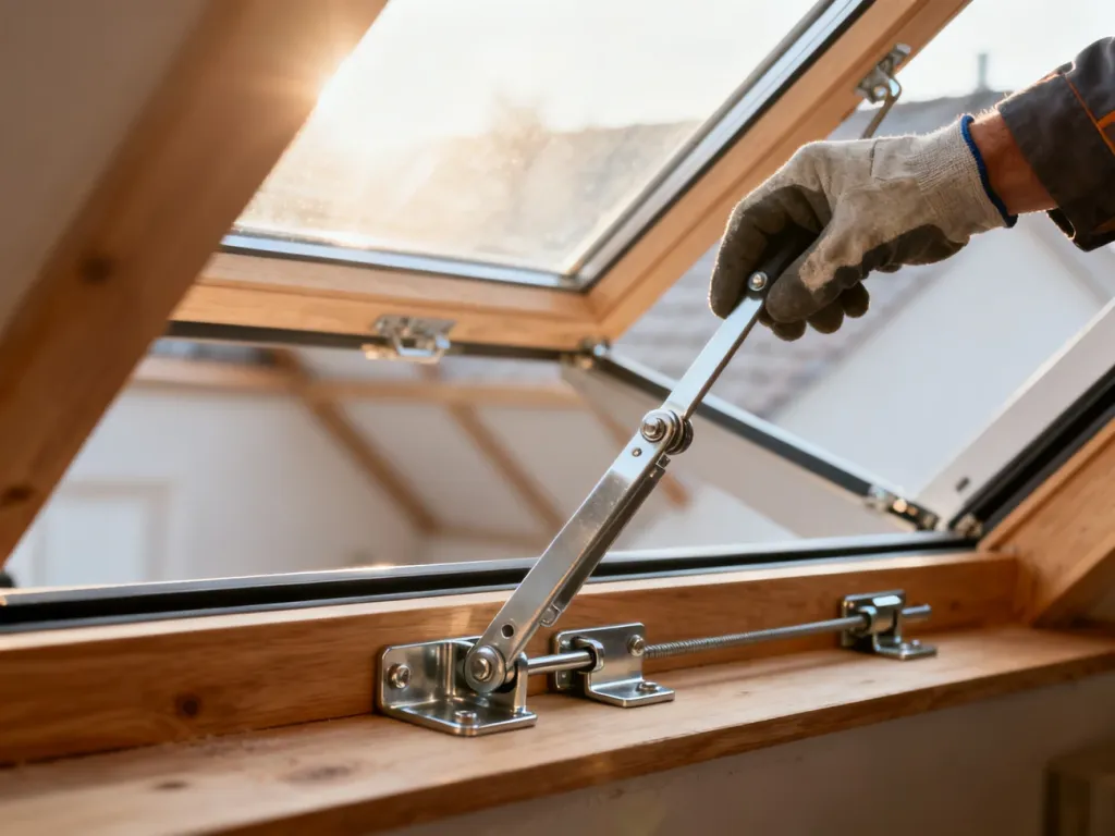 Dłoń w rękawicy roboczej obsługuje metalowy mechanizm zawiasów okna dachowego Fakro w jasnym wnętrzu poddasza.