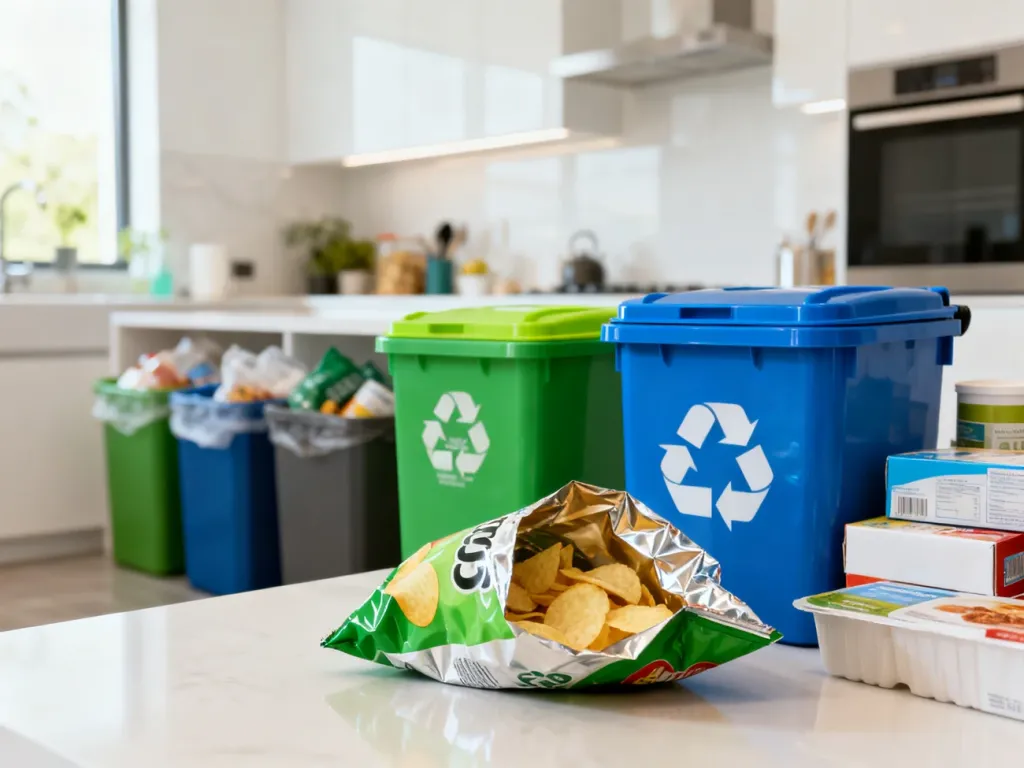 Pusta paczka po chipsach obok pojemników do segregacji odpadów w nowoczesnej kuchni, ilustrująca zasady recyklingu.