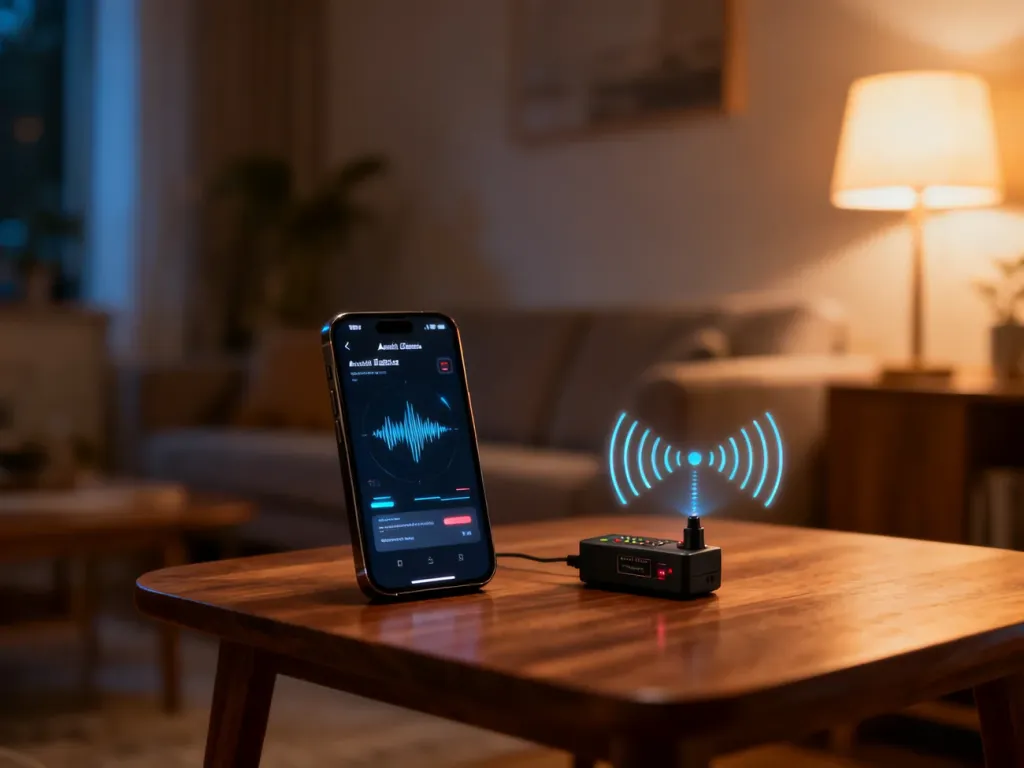 Smartfon z aplikacją do wykrywania podsłuchu oraz elektroniczny detektor sygnałów na stole w przytulnym salonie.