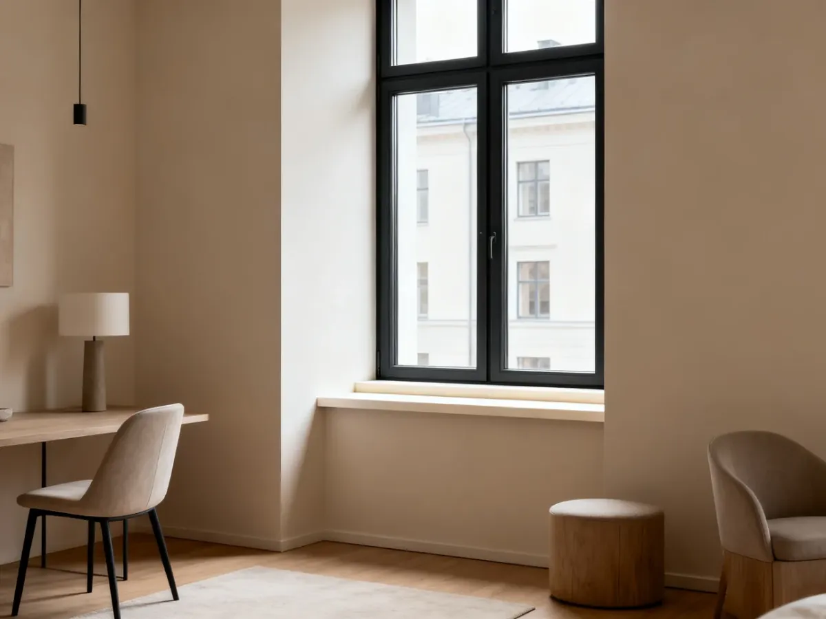 Jasny parapet kontrastujący z antracytową ramą okienną w minimalistycznym wnętrzu