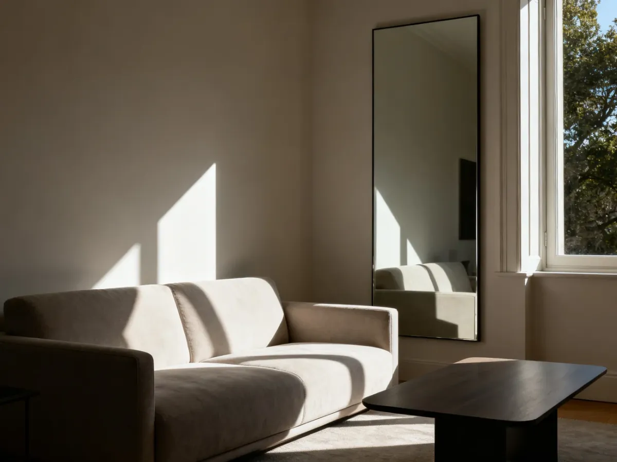 Lustro naprzeciwko okna tworzące intensywny refleks światła w pokoju