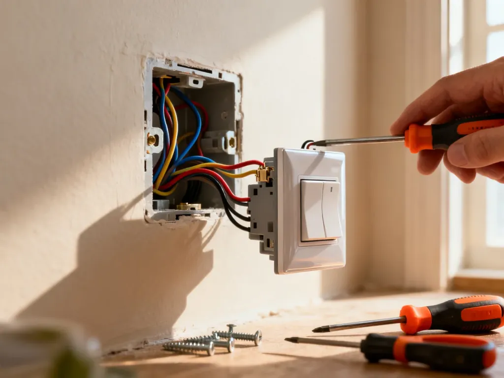Zbliżenie na proces podłączania nowoczesnego włącznika światła do puszki elektrycznej z widocznymi przewodami i narzędziami.