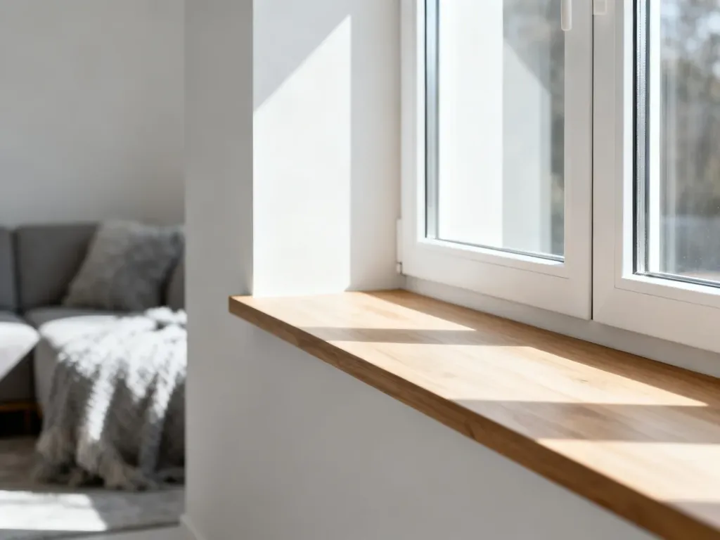 Jasny, drewniany parapet przy białym oknie w minimalistycznym salonie, oświetlony naturalnym porannym światłem.